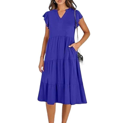 Women's Casual Dress V Neck Ruffle Cap Sleeve Tiered Swing A-Line Midi Dresses