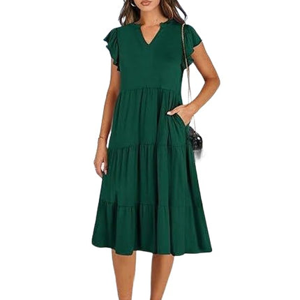 Women's Casual Dress V Neck Ruffle Cap Sleeve Tiered Swing A-Line Midi Dresses
