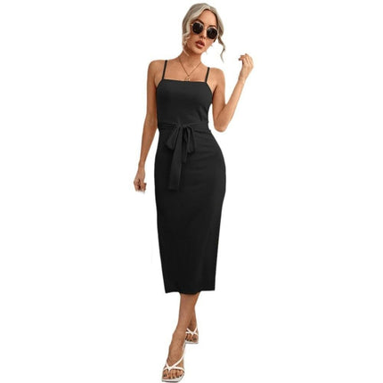 Women's Summer Spaghetti Strap Sleeveless Midi Dresses Tie Waist Split Bodycon Dress