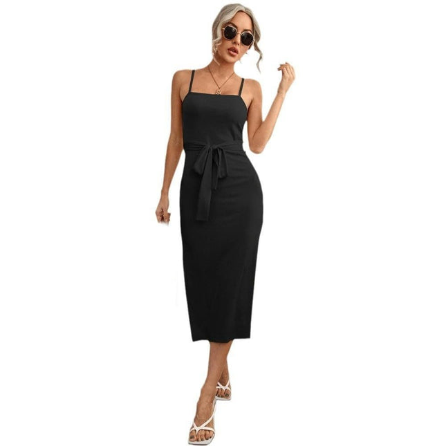 Women's Summer Spaghetti Strap Sleeveless Midi Dresses Tie Waist Split Bodycon Dress