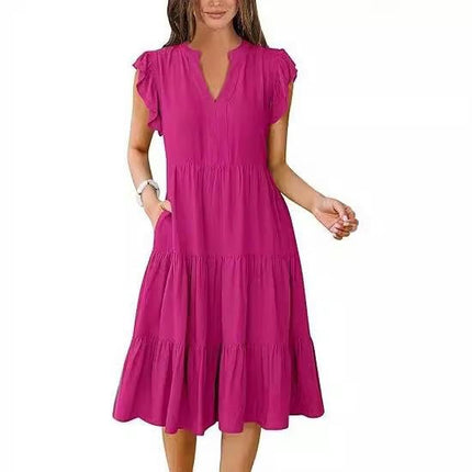 Women's Casual Dress V Neck Ruffle Cap Sleeve Tiered Swing A-Line Midi Dresses