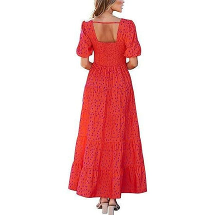 Womens Summer Scoop Neck Puff Short Sleeve Smocked Dress Ruffle Flowy Tiered A Line Maxi Dresses