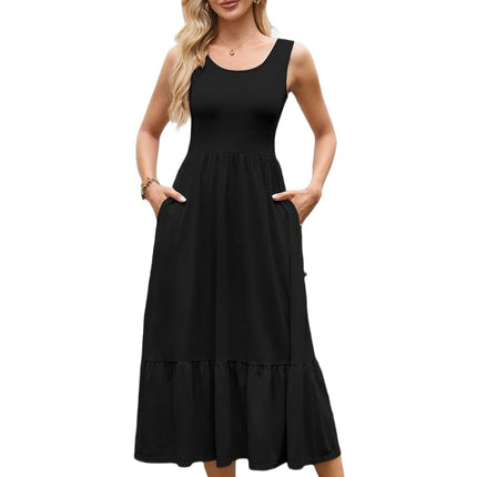 Women Summer Casual Sleeveless Square Neck Maxi Sundress A Line Flowy Tiered Long Dress