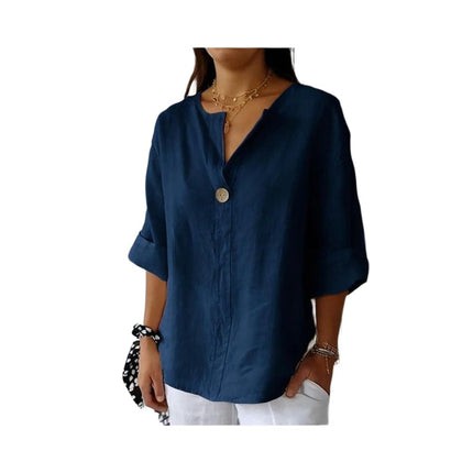 Summer Cotton Linen Tops for Women V Neck Roll Up Sleeve Shirts Casual Button Blouse