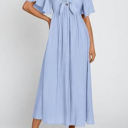 Summer Dress for Women Casual Short Sleeve Bow Tie V Neck Ruffle Midi Flowy Dresses
