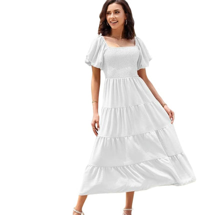 Womens Flowy Dresses Summer Puff Short Sleeve Smocked Square Neck Tiered Midi Dress