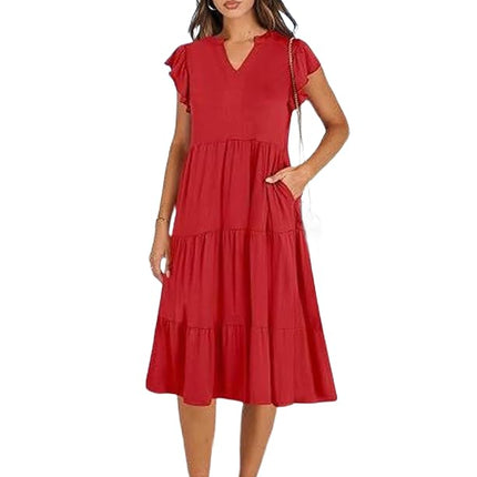Women's Casual Dress V Neck Ruffle Cap Sleeve Tiered Swing A-Line Midi Dresses