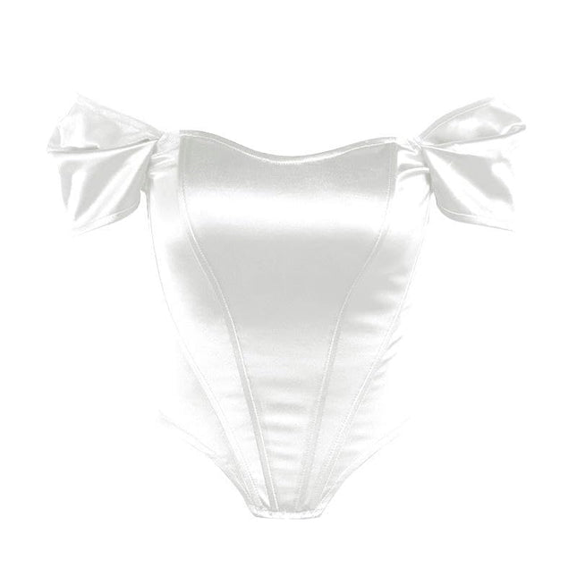 Women's Off Shoulder Boned Corset Crop Top Satin Slim Fit Bustier