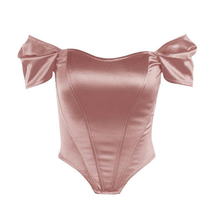 Women's Off Shoulder Boned Corset Crop Top Satin Slim Fit Bustier