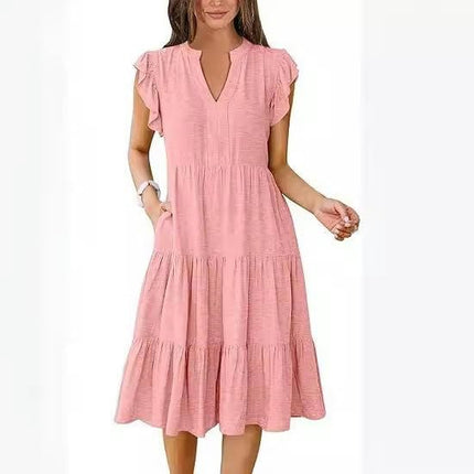 Women's Casual Dress V Neck Ruffle Cap Sleeve Tiered Swing A-Line Midi Dresses