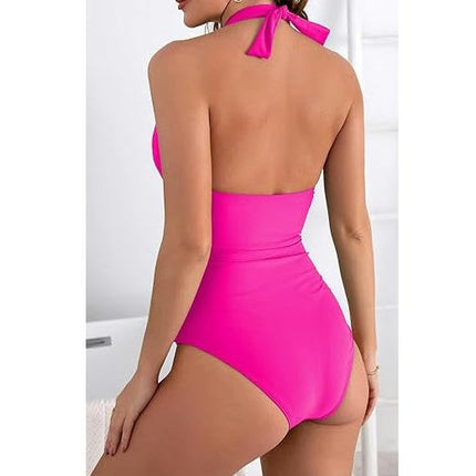Women's One Piece Bathing Suit Halter Swimsuits Ruched Slimming Swimwear