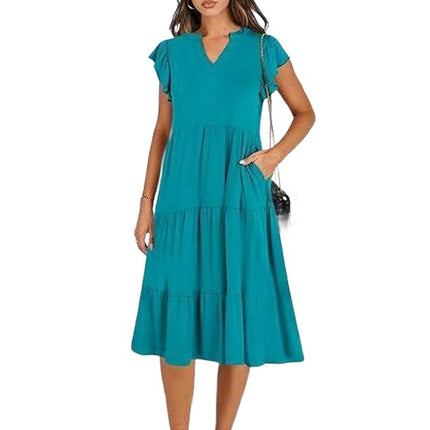 Women's Casual Dress V Neck Ruffle Cap Sleeve Tiered Swing A-Line Midi Dresses