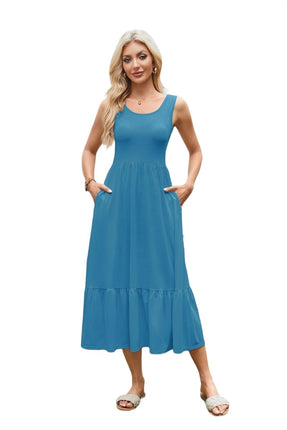 Women Summer Casual Sleeveless Square Neck Maxi Sundress A Line Flowy Tiered Long Dress