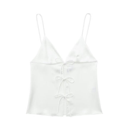 Women Summer Satin Spaghetti Strap Tank Top Sleeveless Bow Top