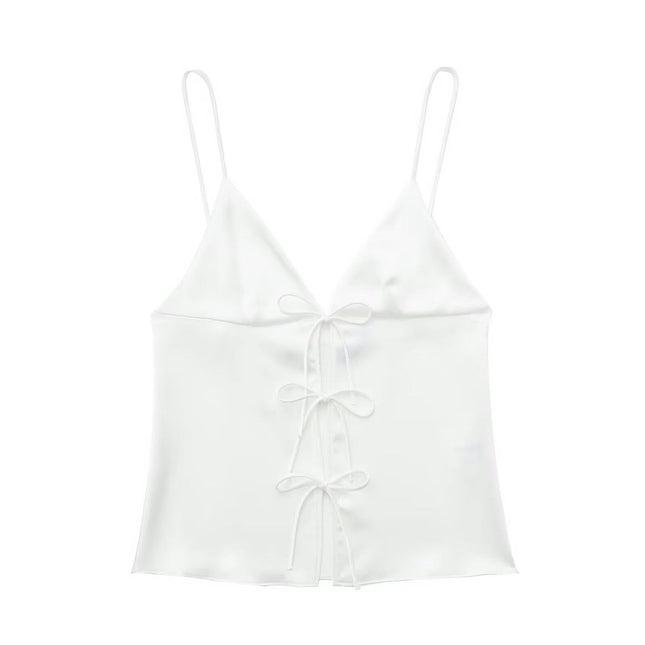 Women Summer Satin Spaghetti Strap Tank Top Sleeveless Bow Top