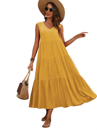Women's Summer Casual Sleeveless V Neck Ruffle Tiered A Line Maxi Dress