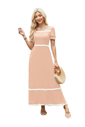 Womens Summer Dresses Square Neck Smocked Puff Short Sleeve A-Line Maxi Dress