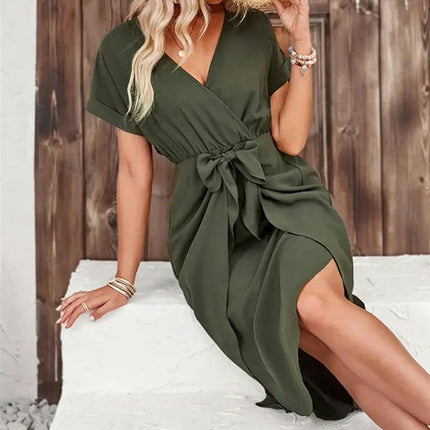 Women's Tie Waist Midi Dress V Neck Short Sleeve Ruched Asymmetrical Dresses