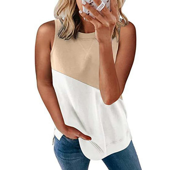 Women Casual Summer Tops Sleeveless Color Blocking Tank Top Crew Neck Blouses