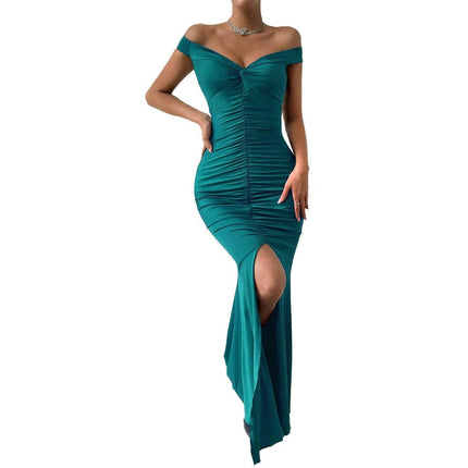 Womens Off Shoulder Maxi Dress Backless Slit Bodycon Ruched Cocktail Party Dress