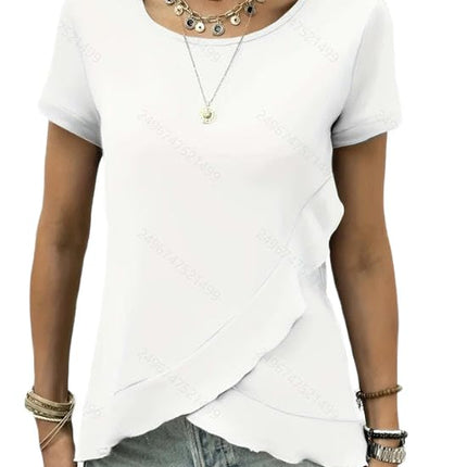 Women's Short Sleeve Round Neck Top Summer Loose Ruffled Asymmetrical Hem T Shirt