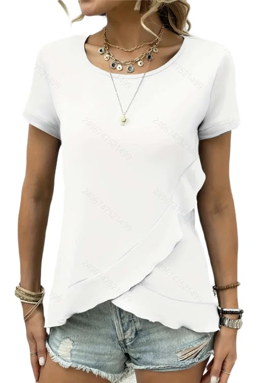 Women's Short Sleeve Round Neck Top Summer Loose Ruffled Asymmetrical Hem T Shirt