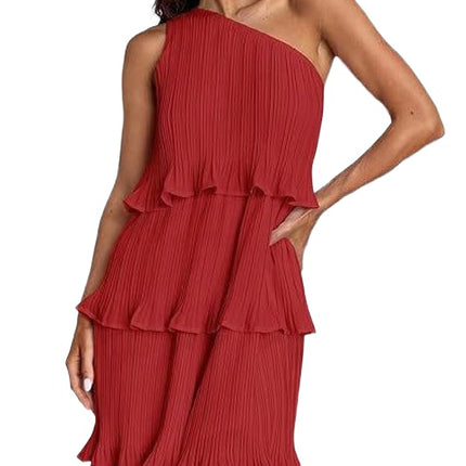 Women's Summer One Shoulder Sleeveless Ruffle Layered Chiffon Pleated Flowy Mini Dress