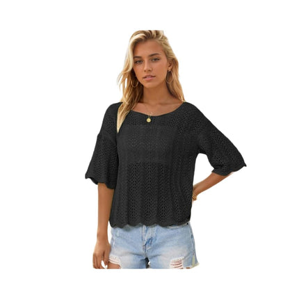 Women's Short Sleeve Knitted Tops Summer Hollow Out Shirts Crew Neck Tees Blouses