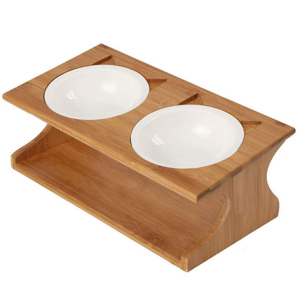 Cat Bowls, Double Cat Food Bowls with Non-Slip Bamboo Stand, Elevated Cat Bowl Raised Pet Feeder, Cat Bowls Set - with 2 Ceramic Food and Water Bowls (Classic Style)