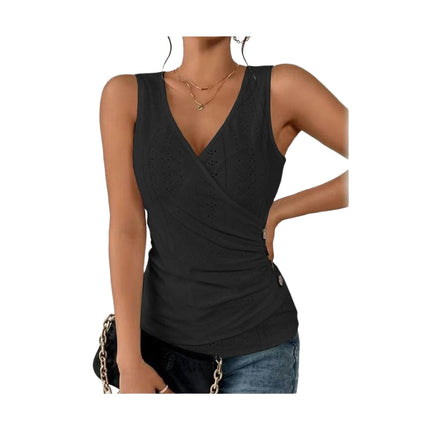 Women Summer Button Tank Top Casual V Neck Pleated Sleeveless Blouse