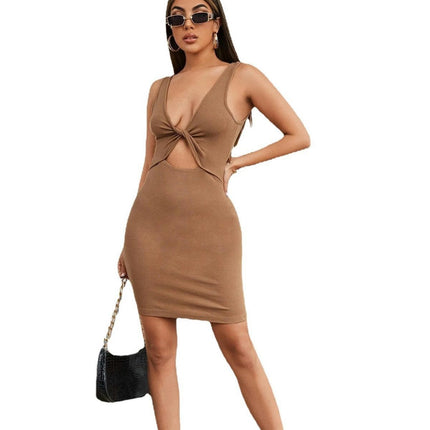 Women's Sexy Deep V Neck Twist Front Mini Bodycon Tank Dress Elegant Party Club Dresses
