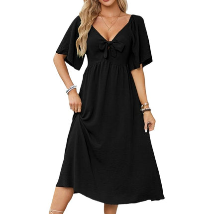Summer Dress for Women Casual Short Sleeve Bow Tie V Neck Ruffle Midi Flowy Dresses