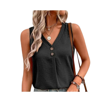 Women's Sleeveless V Neck Button Down Blouses Casual Loose Tank Tops