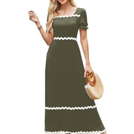 Womens Summer Dresses Square Neck Smocked Puff Short Sleeve A-Line Maxi Dress