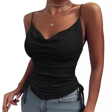 Women's Spaghetti Strap Tank Top V Neck Drawstring Camisole Tops