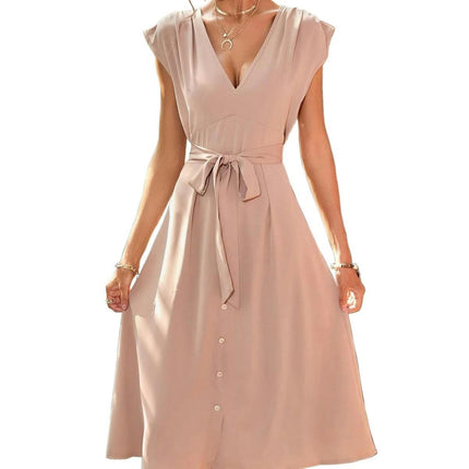 Women's Summer Cap Sleeve Dress Deep V Neck Tie Waist A Line Flowy Midi Dresses