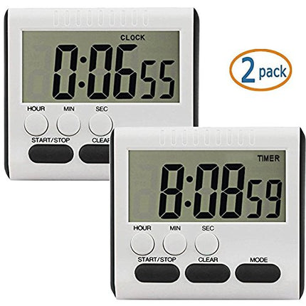 2 Pack Digital Kitchen Alarm Timer/Clock with Large LCD Display Loud Sounding Alarm,Countdown or CountUp for Cooking/School/Games (Black Key)