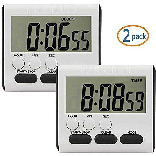 2 Pack Digital Kitchen Alarm Timer/Clock with Large LCD Display Loud Sounding Alarm,Countdown or CountUp for Cooking/School/Games (Black Key)