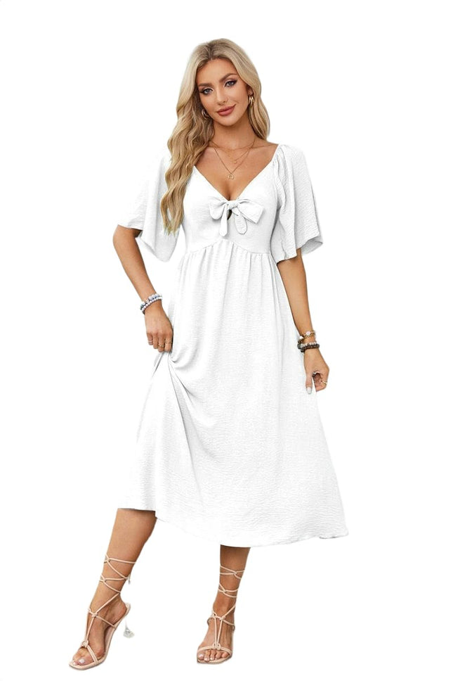 Summer Dress for Women Casual Short Sleeve Bow Tie V Neck Ruffle Midi Flowy Dresses