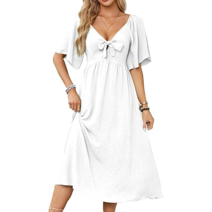 Summer Dress for Women Casual Short Sleeve Bow Tie V Neck Ruffle Midi Flowy Dresses