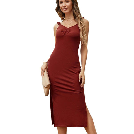 Women's Sexy Bodycon Summer Sleeveless Spaghetti Straps Ruched Split Club Party Midi Dress