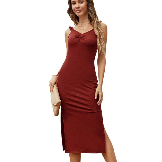 Women's Sexy Bodycon Summer Sleeveless Spaghetti Straps Ruched Split Club Party Midi Dress