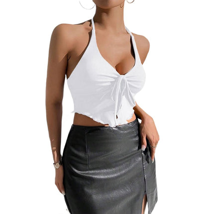 Women Halter Tie Ribbed Sleeveless Ruched Summer Sexy Tank Tops
