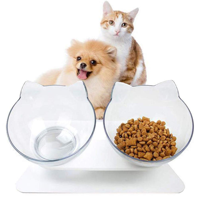 Cat Food Bowl, Double Food Water Dish Feeding Bowls for Cats and Small Dogs with Raised Stand | Non-Slip Bottom - Transparent