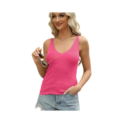 Women's Summer Sleeveless Tank Top Ribbed Knit V Neck Solid Tops