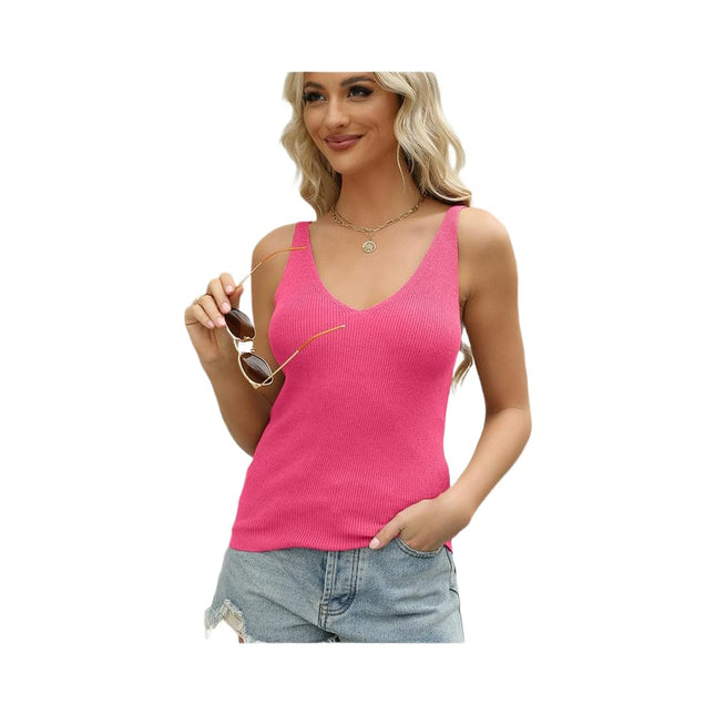 Women's Summer Sleeveless Tank Top Ribbed Knit V Neck Solid Tops
