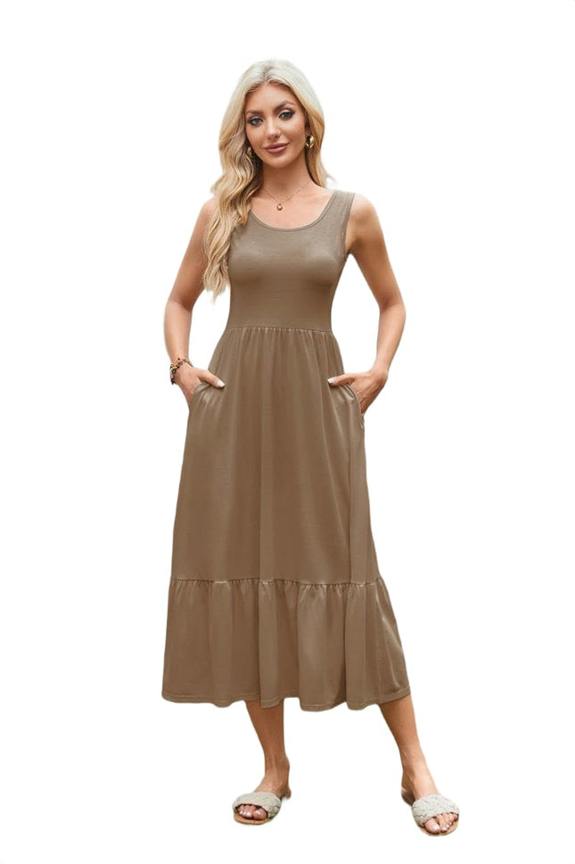Women Summer Casual Sleeveless Square Neck Maxi Sundress A Line Flowy Tiered Long Dress
