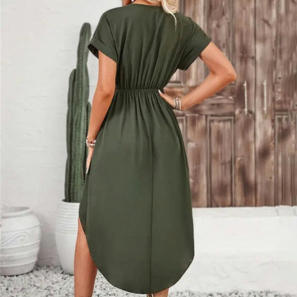 Women's Tie Waist Midi Dress V Neck Short Sleeve Ruched Asymmetrical Dresses