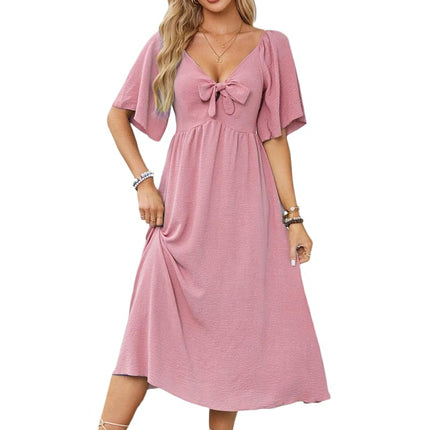 Summer Dress for Women Casual Short Sleeve Bow Tie V Neck Ruffle Midi Flowy Dresses