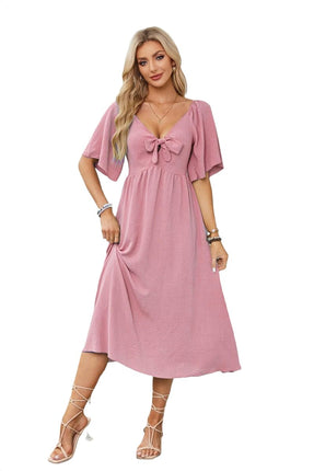 Summer Dress for Women Casual Short Sleeve Bow Tie V Neck Ruffle Midi Flowy Dresses
